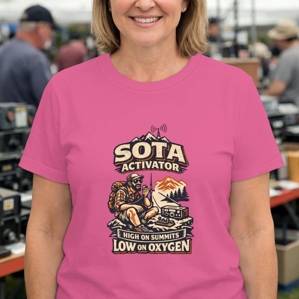 SOTA Activator Hiking T-Shirt — "High on Summits, Low on Oxygen" Outdoor Tee