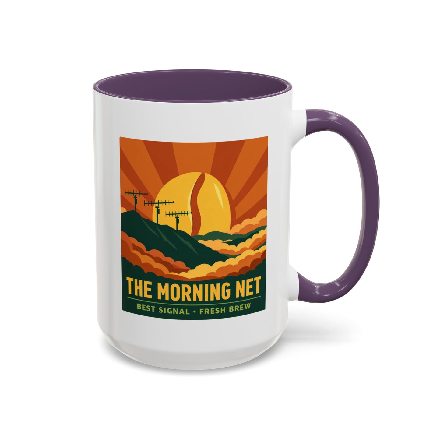 The Morning Net Coffee Mug — Retro Sunrise Radio Antenna Design (11/15 oz)
