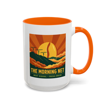 The Morning Net Coffee Mug — Retro Sunrise Radio Antenna Design (11/15 oz)