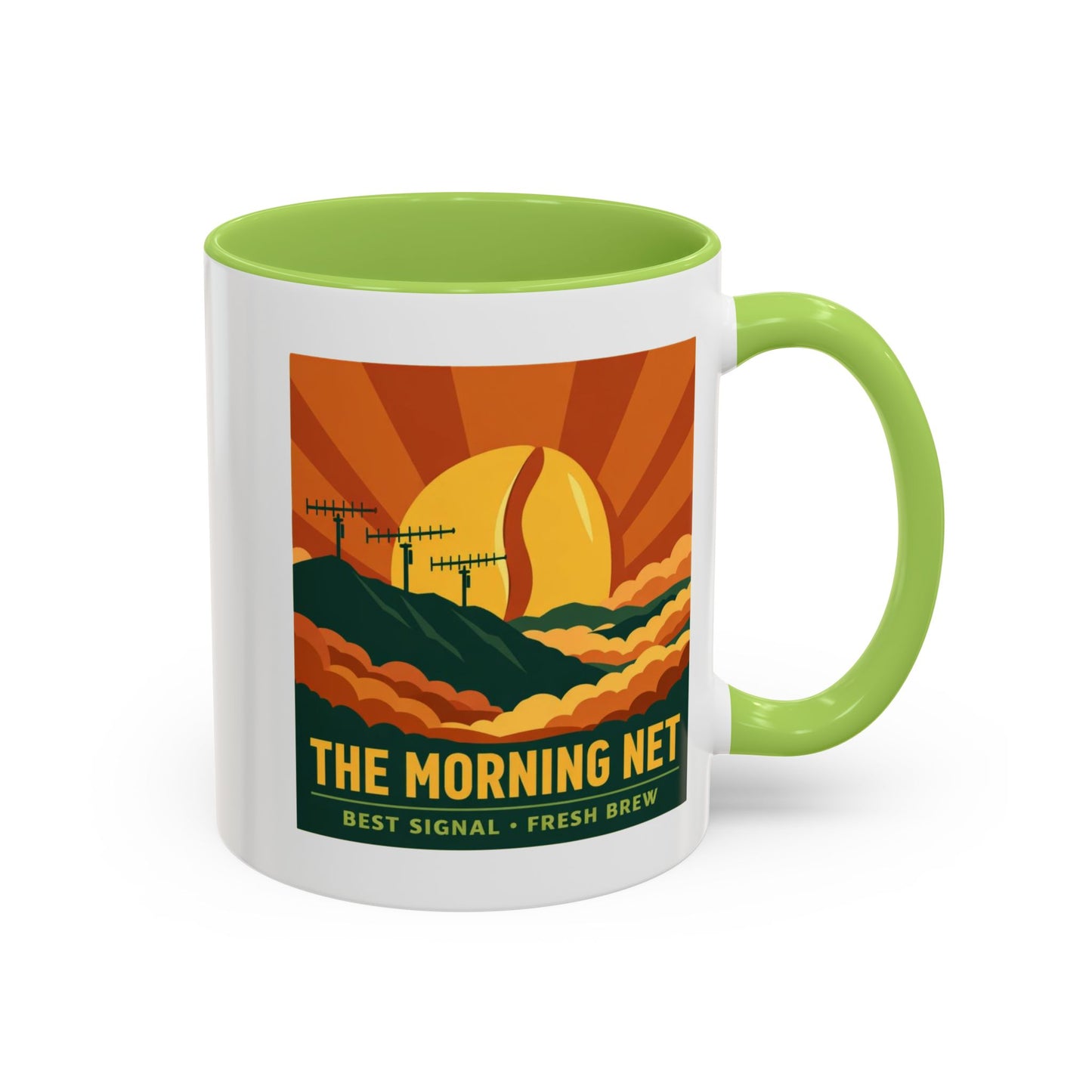The Morning Net Coffee Mug — Retro Sunrise Radio Antenna Design (11/15 oz)