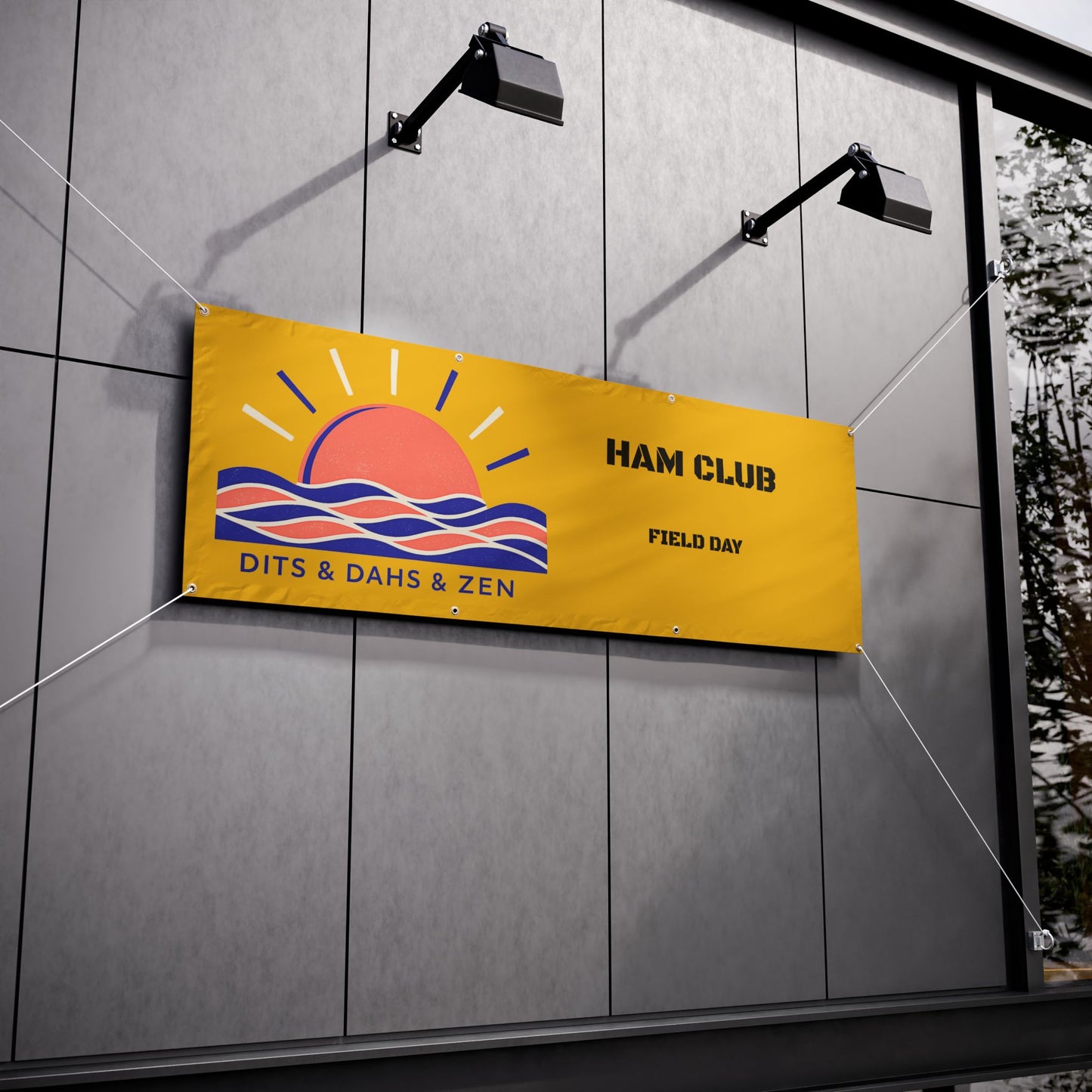 Custom Vinyl Banner - YOUR DESIGN - Custom 'Ham Club Field Day' Outdoor Sign (Dits & Dahs & Zen Sunrise Design)