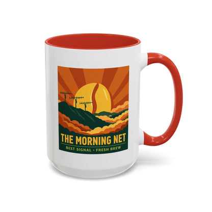 The Morning Net Coffee Mug — Retro Sunrise Radio Antenna Design (11/15 oz)