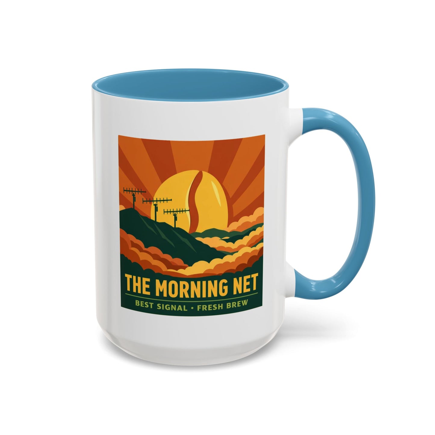 The Morning Net Coffee Mug — Retro Sunrise Radio Antenna Design (11/15 oz)
