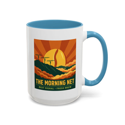 The Morning Net Coffee Mug — Retro Sunrise Radio Antenna Design (11/15 oz)