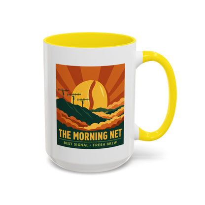 The Morning Net Coffee Mug — Retro Sunrise Radio Antenna Design (11/15 oz)