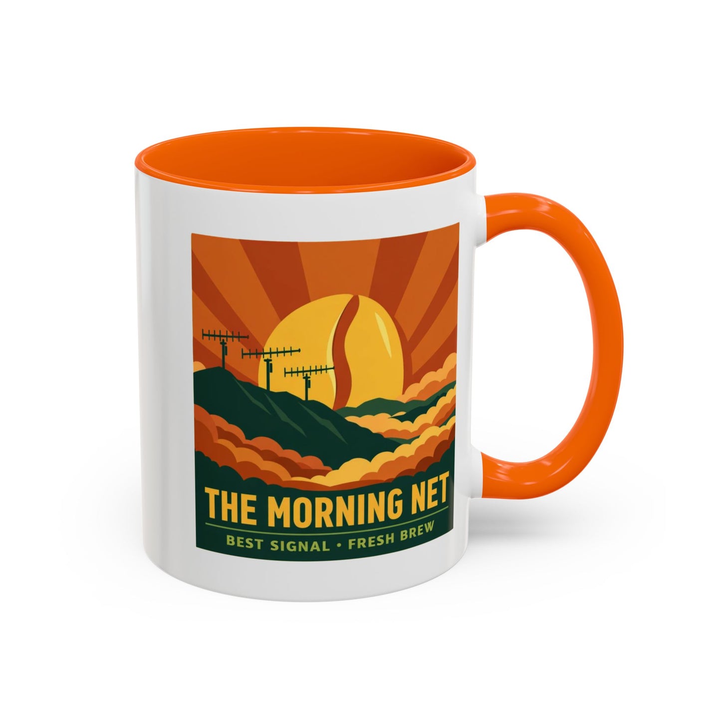 The Morning Net Coffee Mug — Retro Sunrise Radio Antenna Design (11/15 oz)