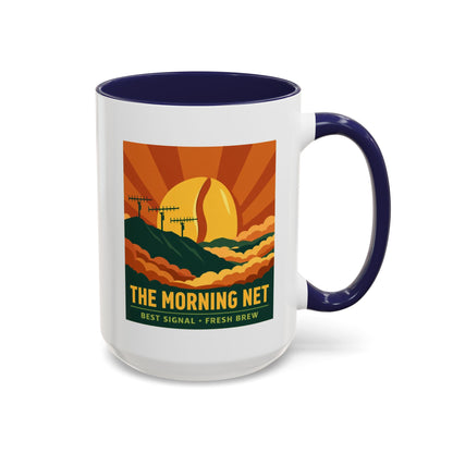 The Morning Net Coffee Mug — Retro Sunrise Radio Antenna Design (11/15 oz)