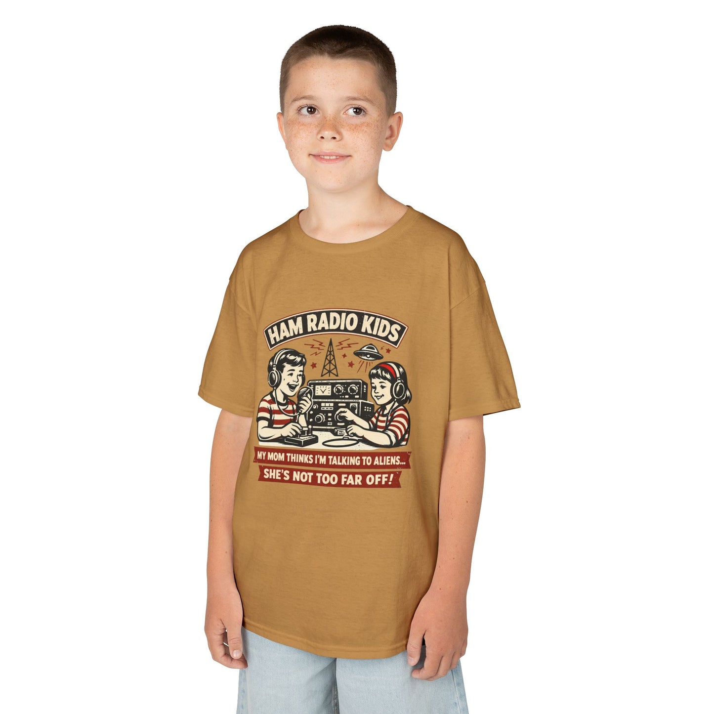 Kids T-Shirt — "Ham Radio Kids: My Mom Thinks I'm Talking To Aliens" Retro Ham Radio Design