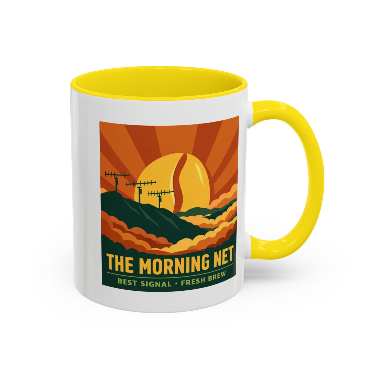 The Morning Net Coffee Mug — Retro Sunrise Radio Antenna Design (11/15 oz)