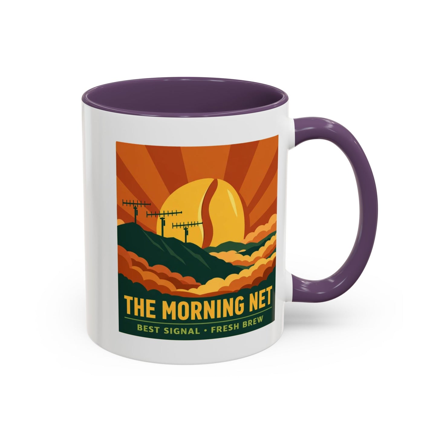 The Morning Net Coffee Mug — Retro Sunrise Radio Antenna Design (11/15 oz)