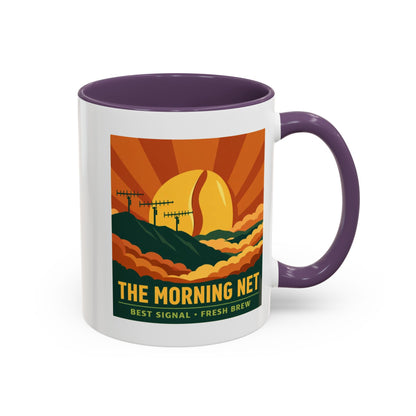 The Morning Net Coffee Mug — Retro Sunrise Radio Antenna Design (11/15 oz)