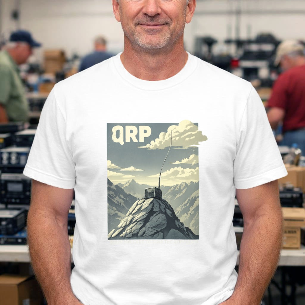 QRP Mountain Summit T‑Shirt — Retro Adventure Graphic Tee for SOTA Enthusiasts