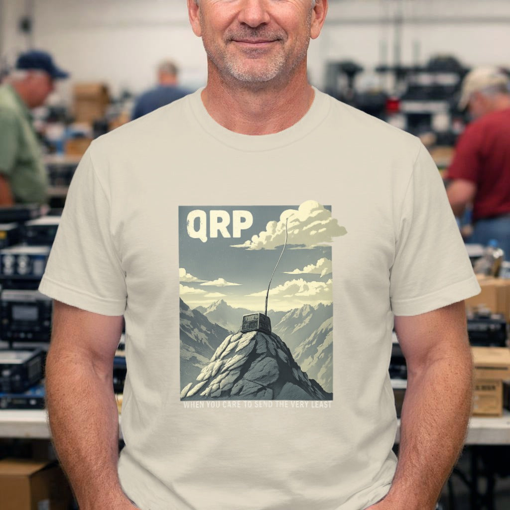 QRP Mountain Summit T‑Shirt — Retro Adventure Graphic Tee for SOTA Enthusiasts