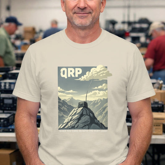 QRP Mountain Summit T‑Shirt — Retro Adventure Graphic Tee for SOTA Enthusiasts