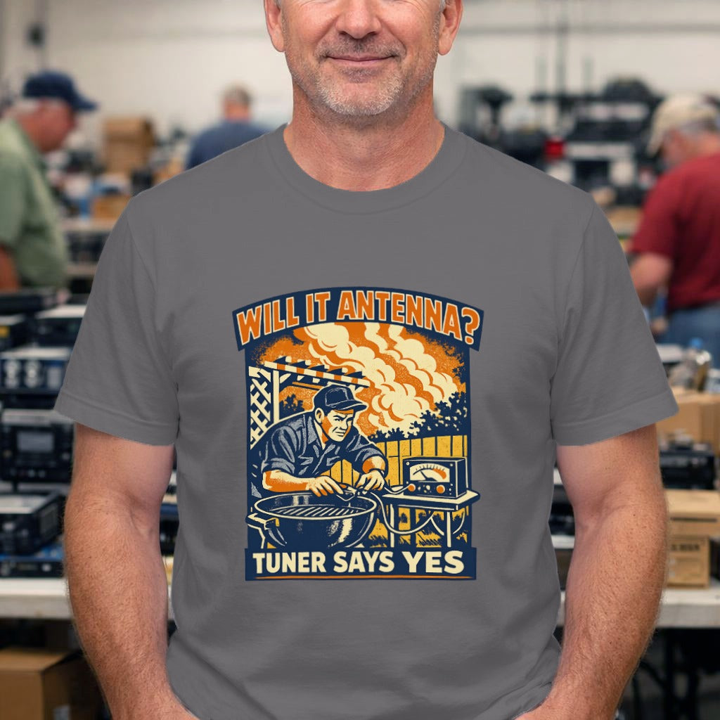 Will It Antenna? T-Shirt — Retro Radio Technician Graphic Tee (Tuner Says Yes)