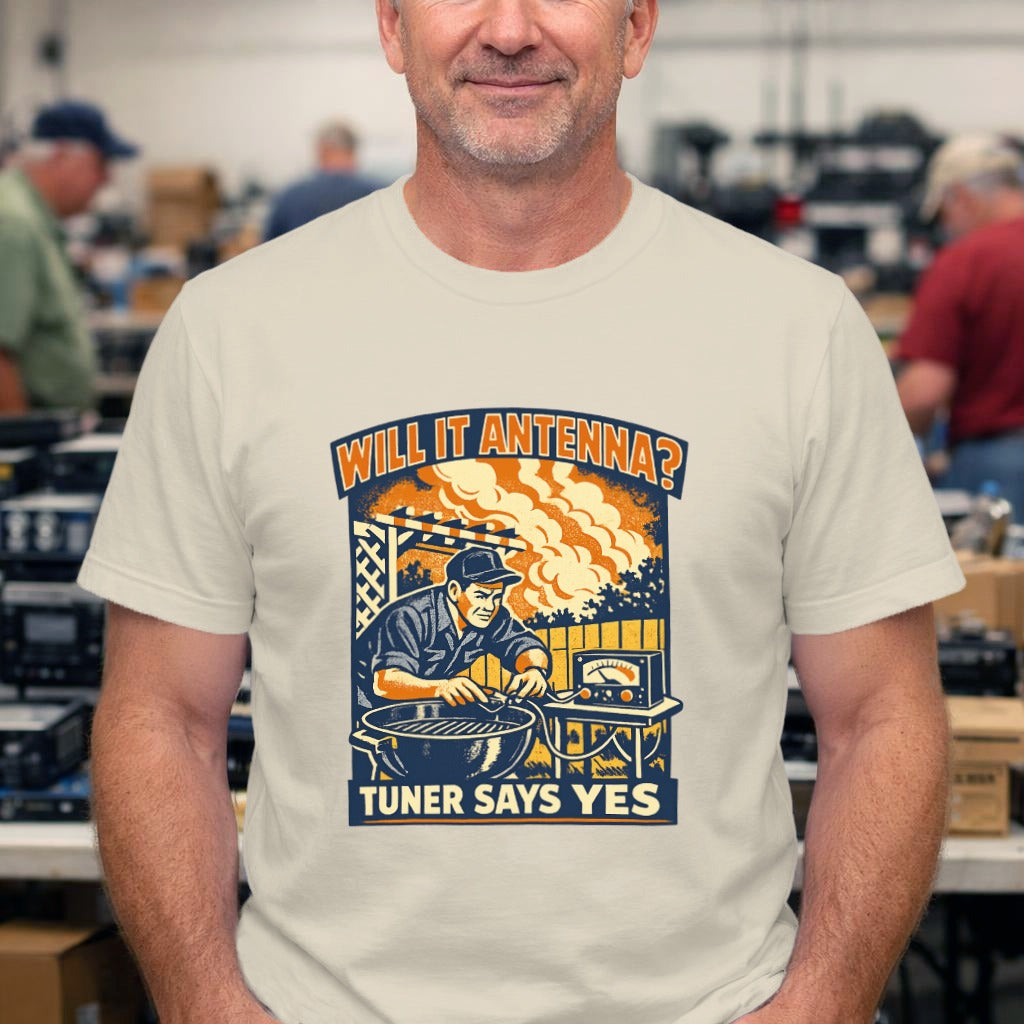Will It Antenna? T-Shirt — Retro Radio Technician Graphic Tee (Tuner Says Yes)
