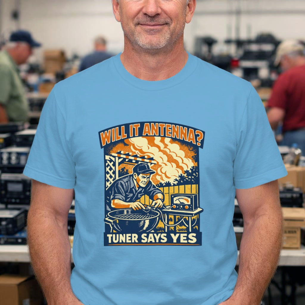 Will It Antenna? T-Shirt — Retro Radio Technician Graphic Tee (Tuner Says Yes)