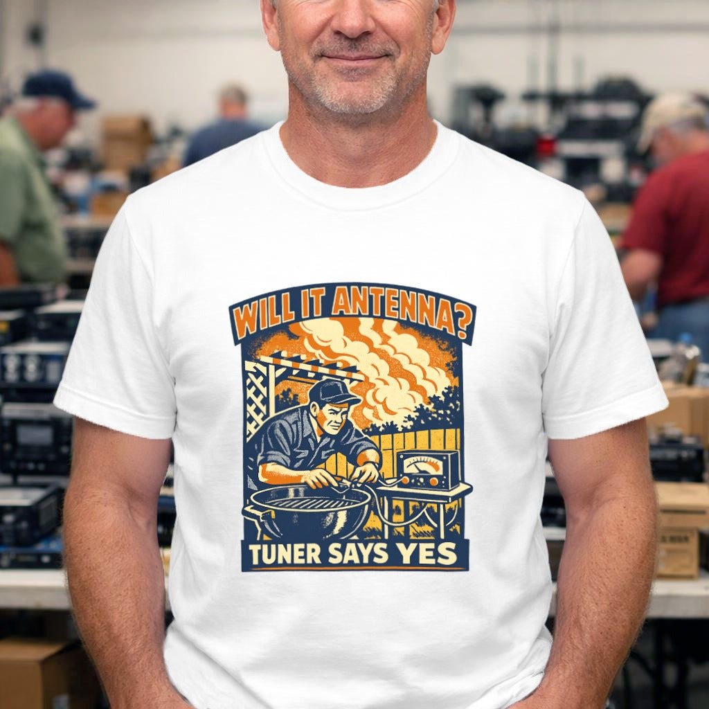 Will It Antenna? T-Shirt — Retro Radio Technician Graphic Tee (Tuner Says Yes)