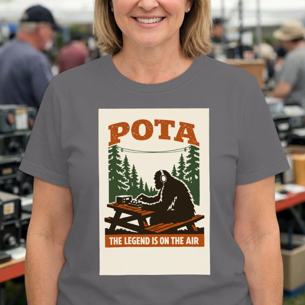 POTA Camping T-Shirt — "The Legend Is On The Air" Bigfoot Radio Camp Tee