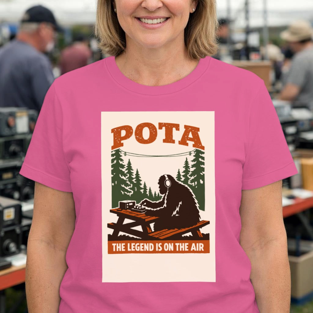 POTA Camping T-Shirt — "The Legend Is On The Air" Bigfoot Radio Camp Tee