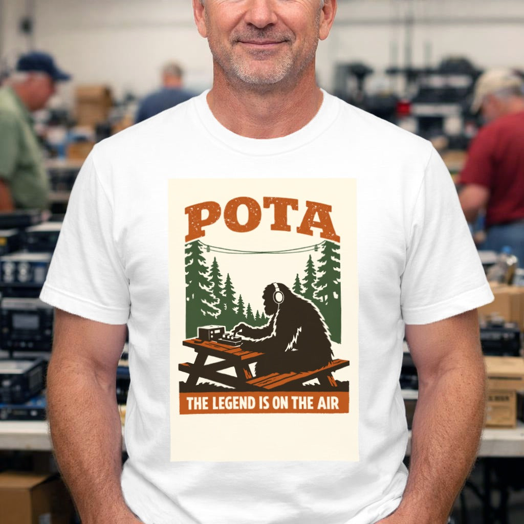 POTA Camping T-Shirt — "The Legend Is On The Air" Bigfoot Radio Camp Tee