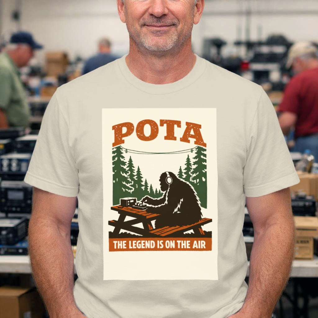 POTA Camping T-Shirt — "The Legend Is On The Air" Bigfoot Radio Camp Tee