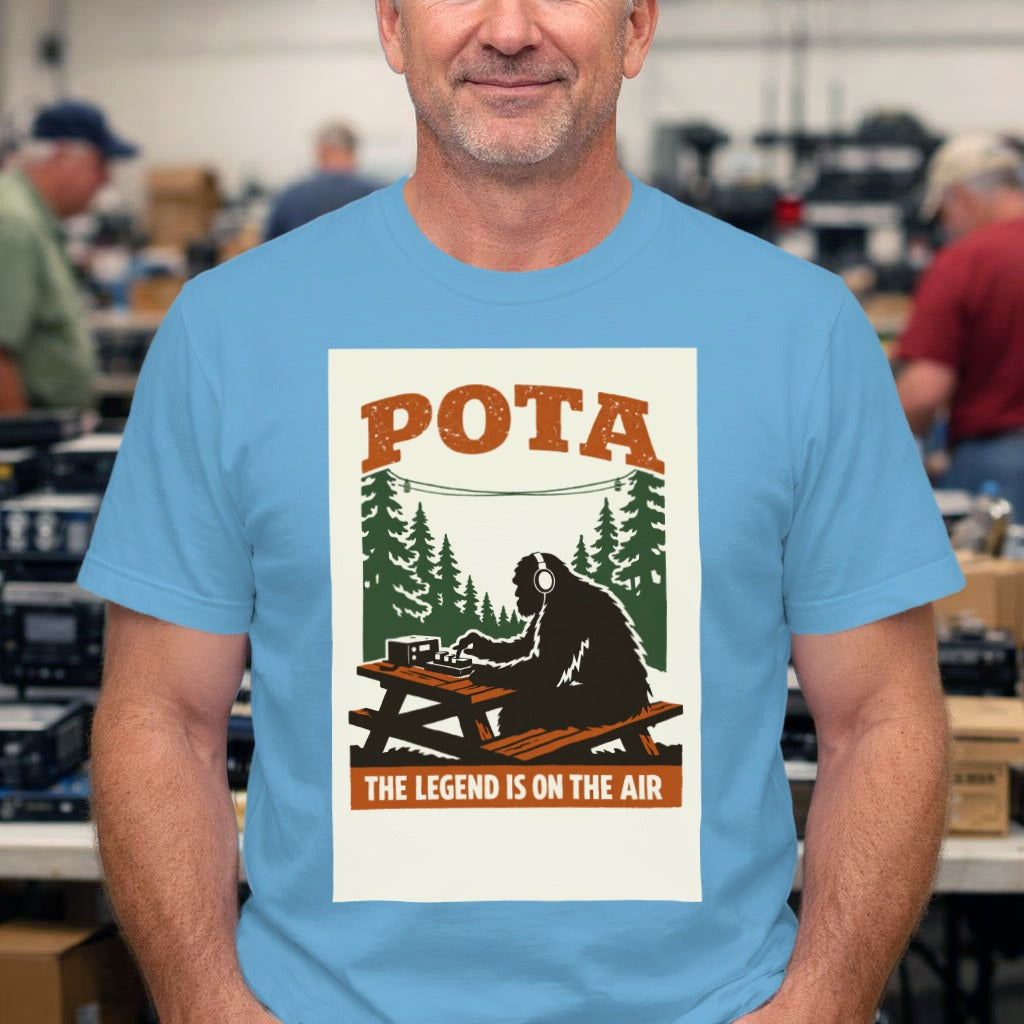 POTA Camping T-Shirt — "The Legend Is On The Air" Bigfoot Radio Camp Tee