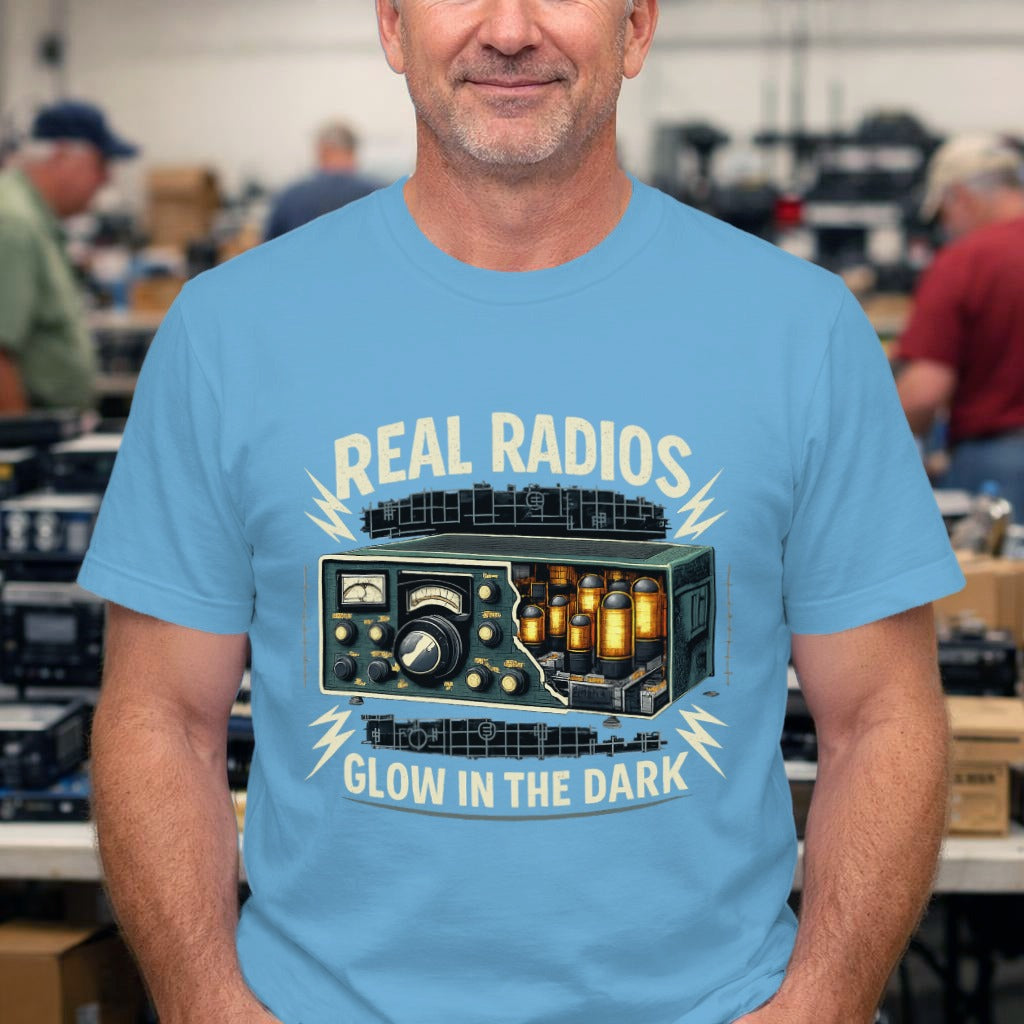 Vintage Tube Radio T‑Shirt — "Real Radios Glow in the Dark" Retro Audio Tee