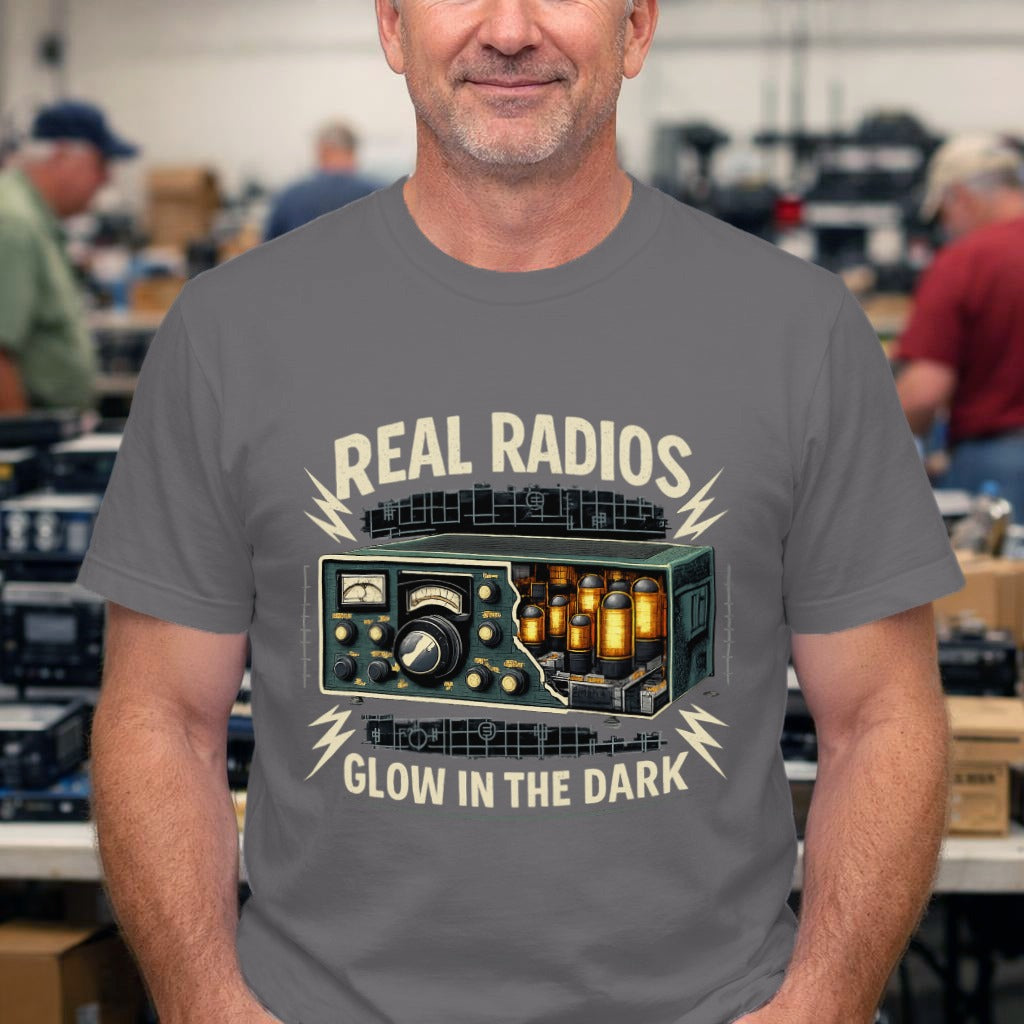 Vintage Tube Radio T‑Shirt — "Real Radios Glow in the Dark" Retro Audio Tee