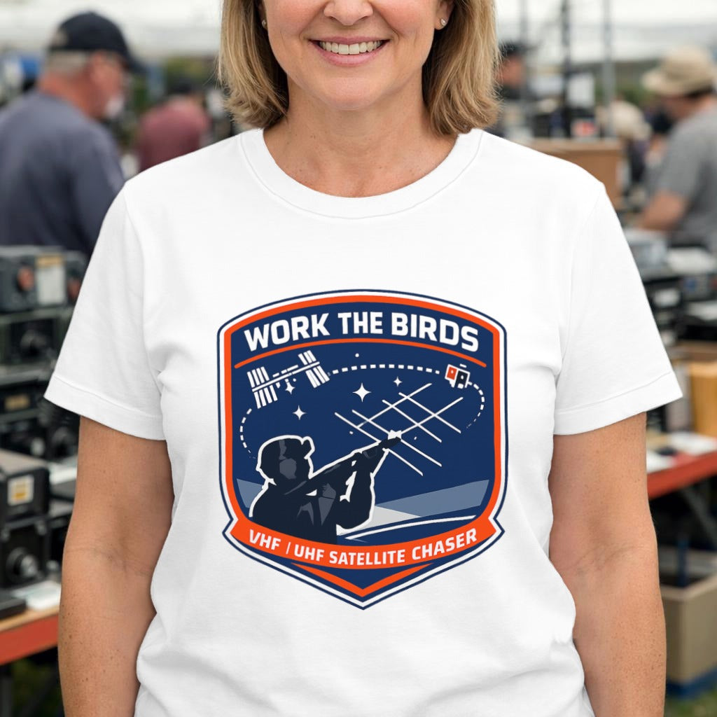Satellite Chaser T-Shirt — "Work the Birds" Amateur Radio Patch Tee