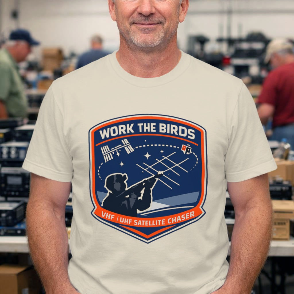 Satellite Chaser T-Shirt — "Work the Birds" Amateur Radio Patch Tee
