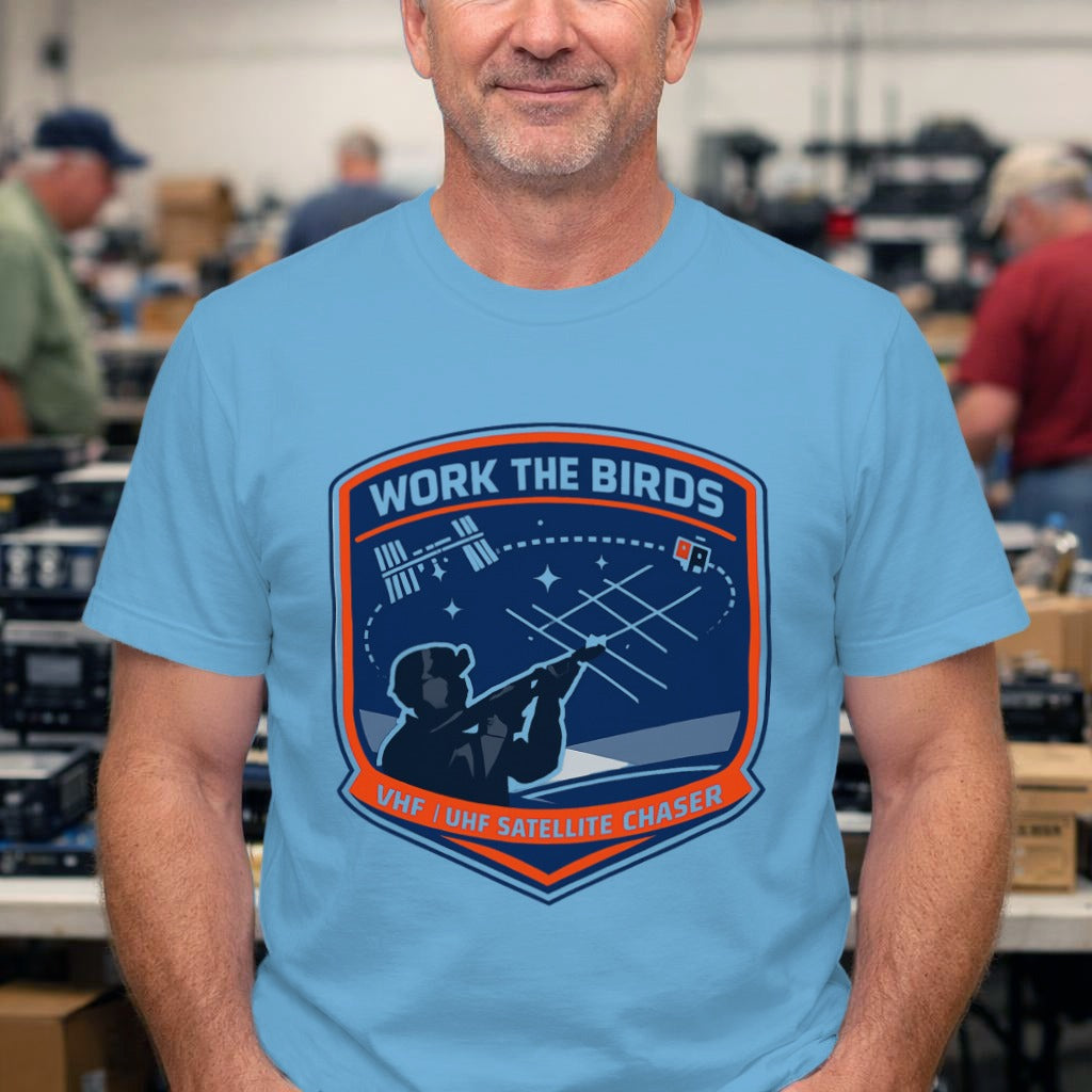 Satellite Chaser T-Shirt — "Work the Birds" Amateur Radio Patch Tee