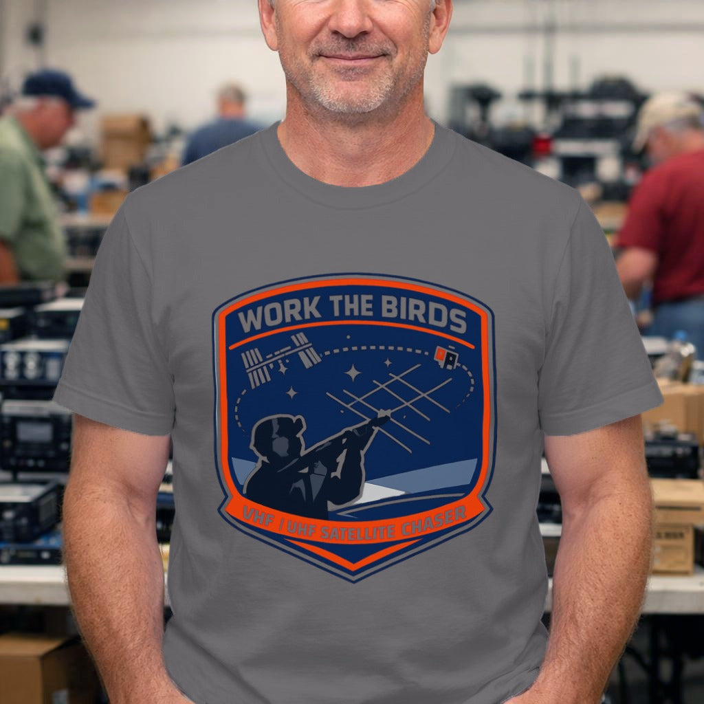 Satellite Chaser T-Shirt — "Work the Birds" Amateur Radio Patch Tee