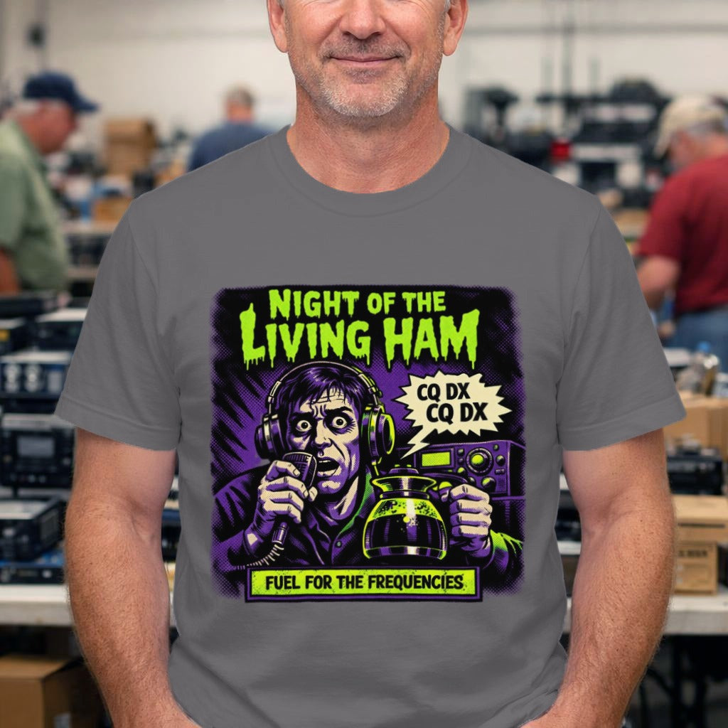 Night of the Living Ham T‑Shirt — Neon Retro Horror Radio Design ("Fuel for the Frequencies")