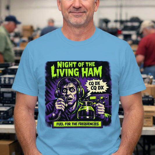 Night of the Living Ham T‑Shirt — Neon Retro Horror Radio Design ("Fuel for the Frequencies")