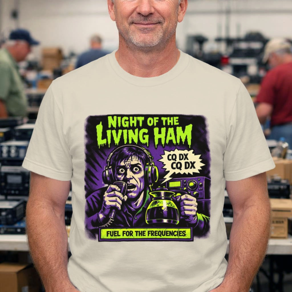 Night of the Living Ham T‑Shirt — Neon Retro Horror Radio Design ("Fuel for the Frequencies")