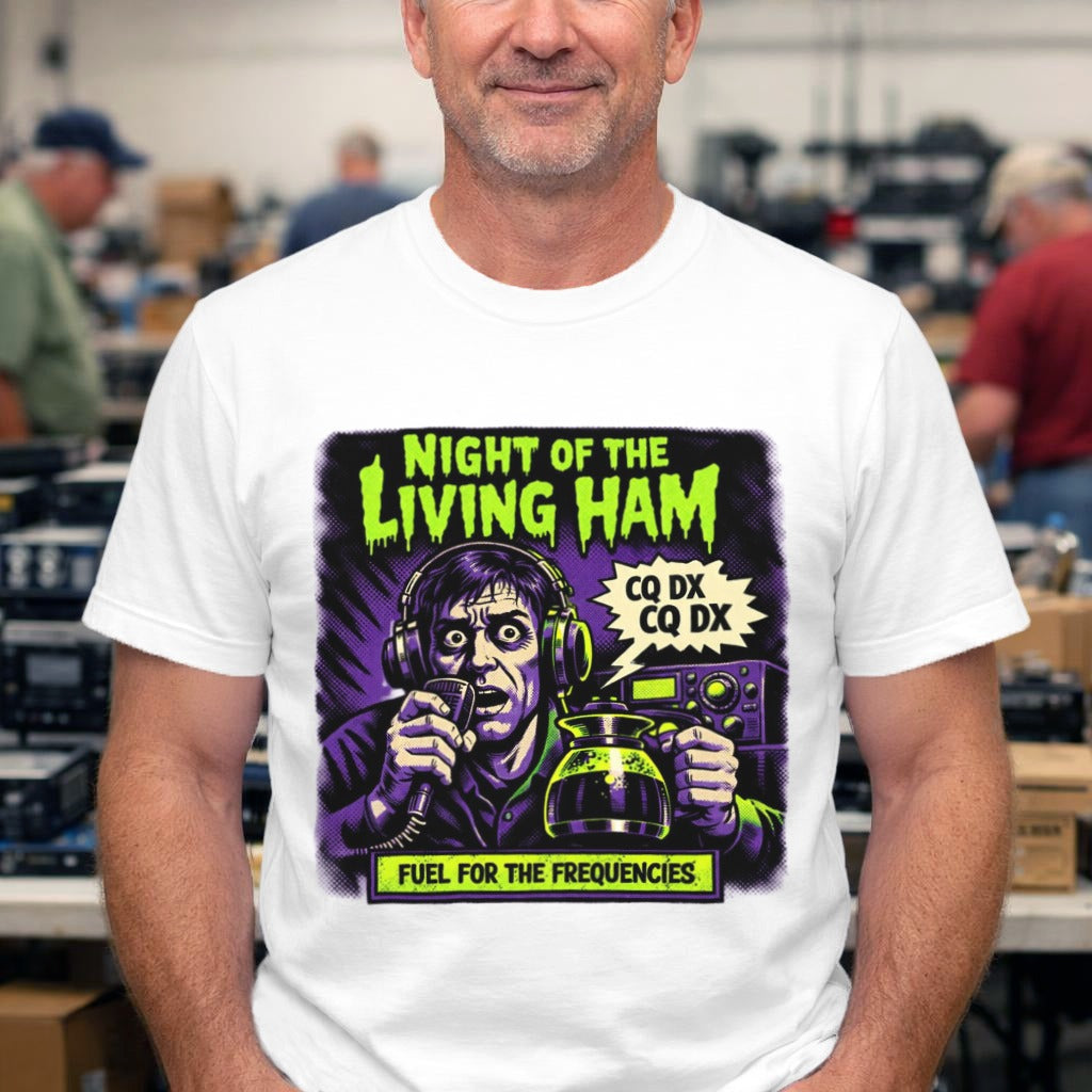 Night of the Living Ham T‑Shirt — Neon Retro Horror Radio Design ("Fuel for the Frequencies")