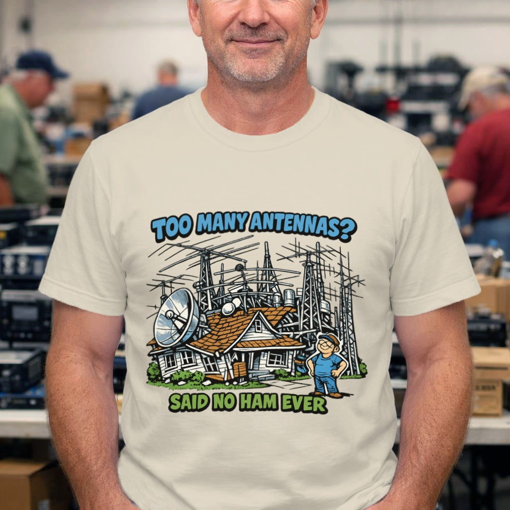 Antenna Builder T-Shirt — “I Build Antennas Because Size Matters!” Ham Radio Technician Tee