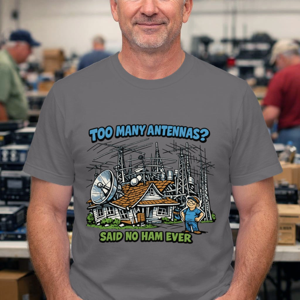Antenna Builder T-Shirt — “I Build Antennas Because Size Matters!” Ham Radio Technician Tee