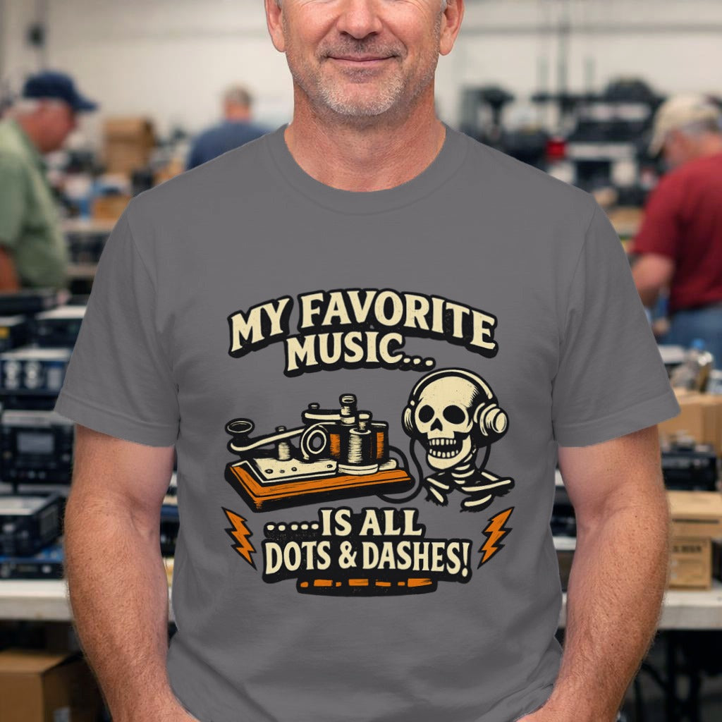 Music Lover T‑Shirt — "My Favorite Music Is All Dots & Dashes" Retro Skull & Tape Design
