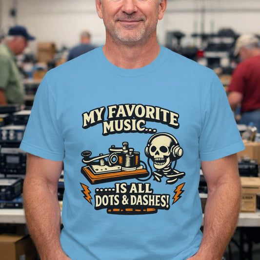 Music Lover T‑Shirt — "My Favorite Music Is All Dots & Dashes" Retro Skull & Tape Design