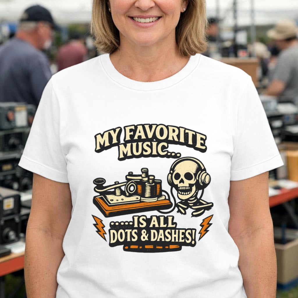 Music Lover T‑Shirt — "My Favorite Music Is All Dots & Dashes" Retro Skull & Tape Design