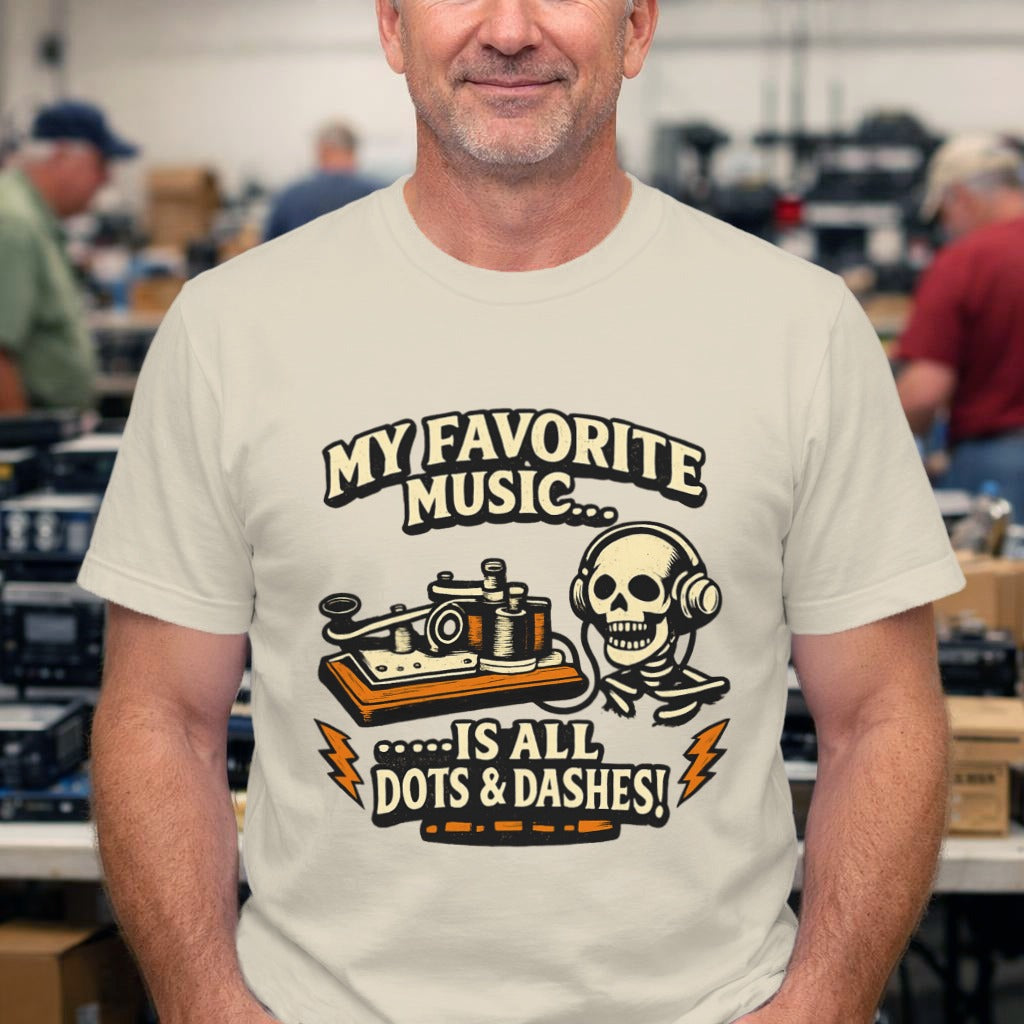 Music Lover T‑Shirt — "My Favorite Music Is All Dots & Dashes" Retro Skull & Tape Design