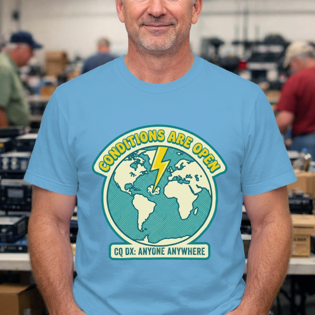 Conditions Are Open Earth Graphic Tee – Retro Globe Lightning Design