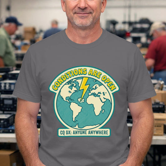 Conditions Are Open Earth Graphic Tee – Retro Globe Lightning Design