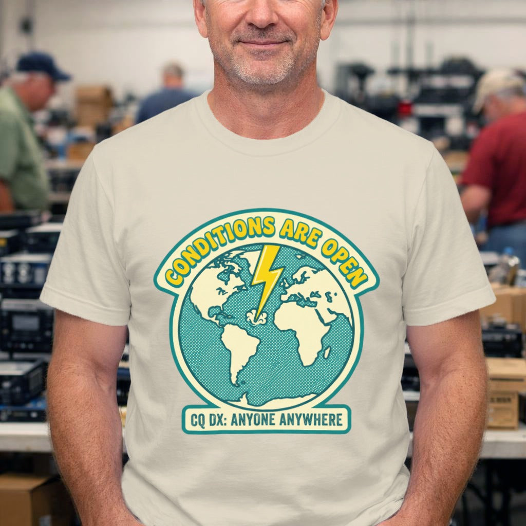 Conditions Are Open Earth Graphic Tee – Retro Globe Lightning Design