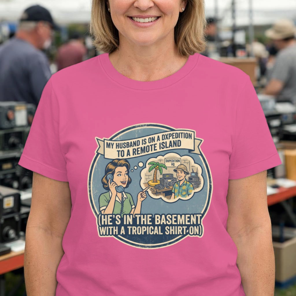 Funny Husband T‑Shirt – “He’s in the Basement with a Tropical Shirt On” Humor Tee