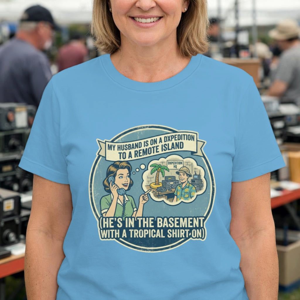 Funny Husband T‑Shirt – “He’s in the Basement with a Tropical Shirt On” Humor Tee