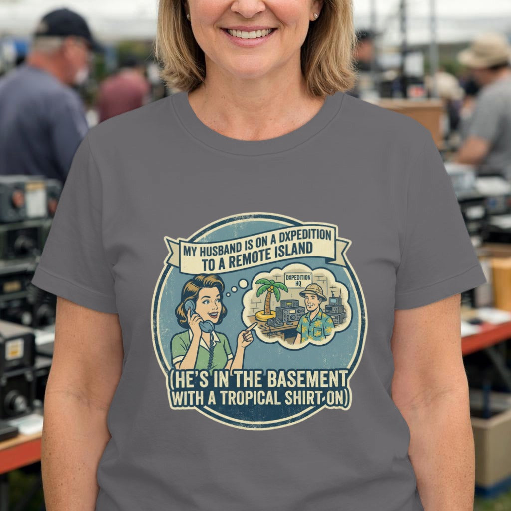 Funny Husband T‑Shirt – “He’s in the Basement with a Tropical Shirt On” Humor Tee