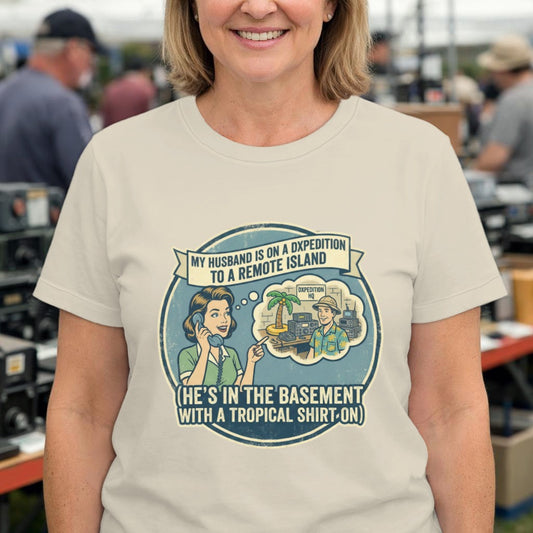 Funny Husband T‑Shirt – “He’s in the Basement with a Tropical Shirt On” Humor Tee